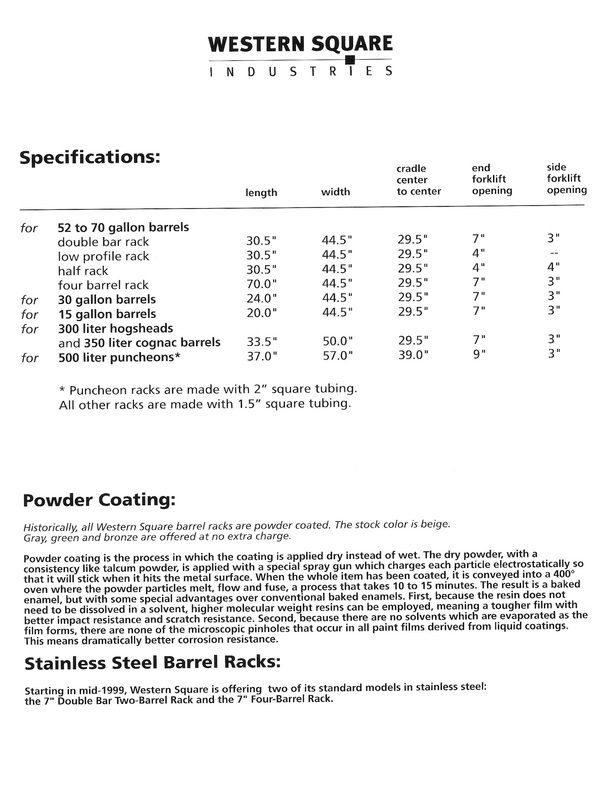 Barrel rack specifications and powder coating
